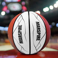 closeup of leather basketball with marspire logo