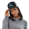 woman wearing trucker baseball caps - black & white