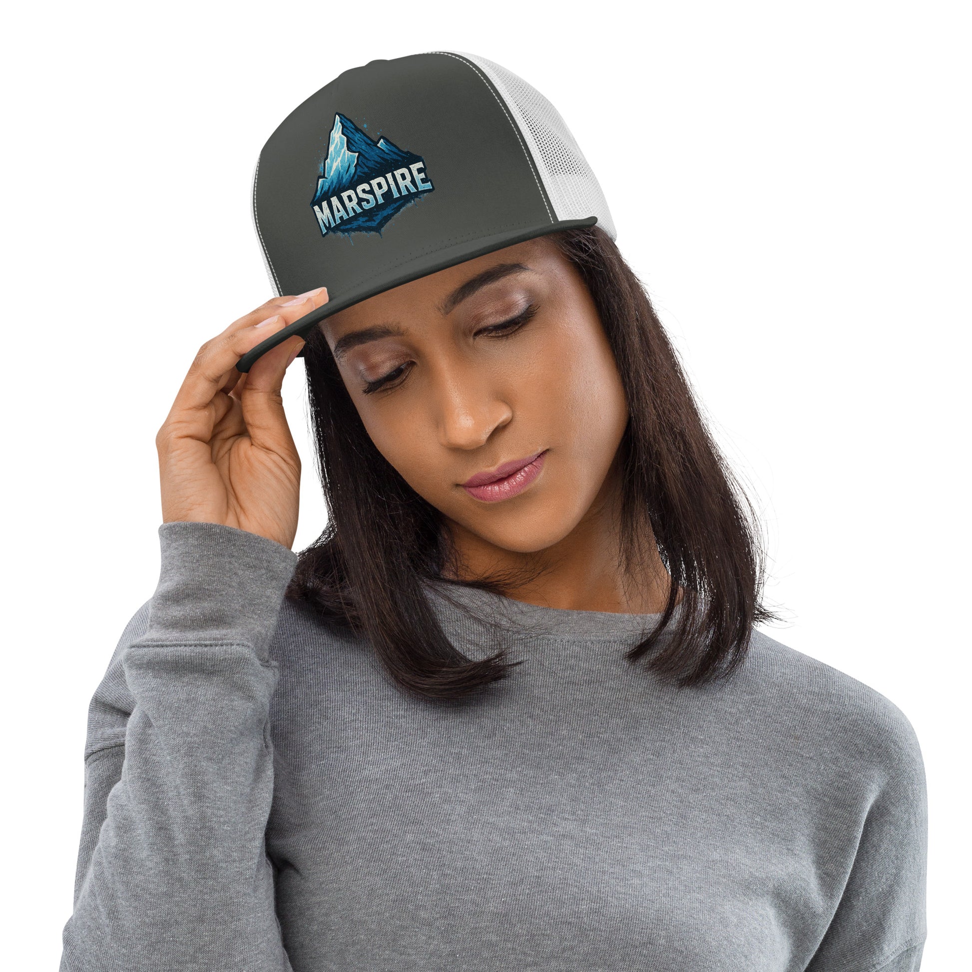 woman wearing trucker baseball caps - charcoal & white