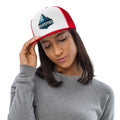 woman wearing trucker baseball caps - white & red