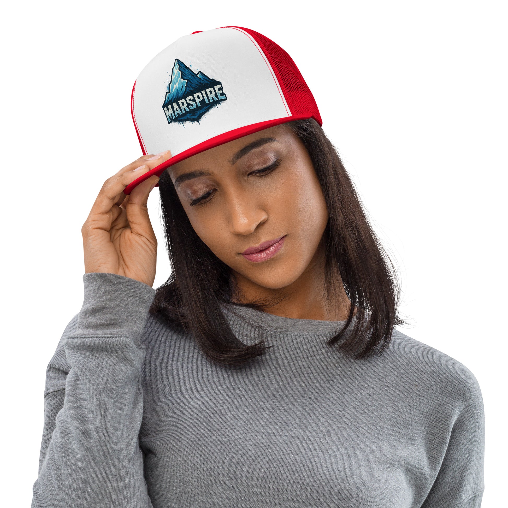 woman wearing trucker baseball caps - white & red