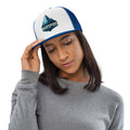 woman wearing trucker baseball caps - white & royal