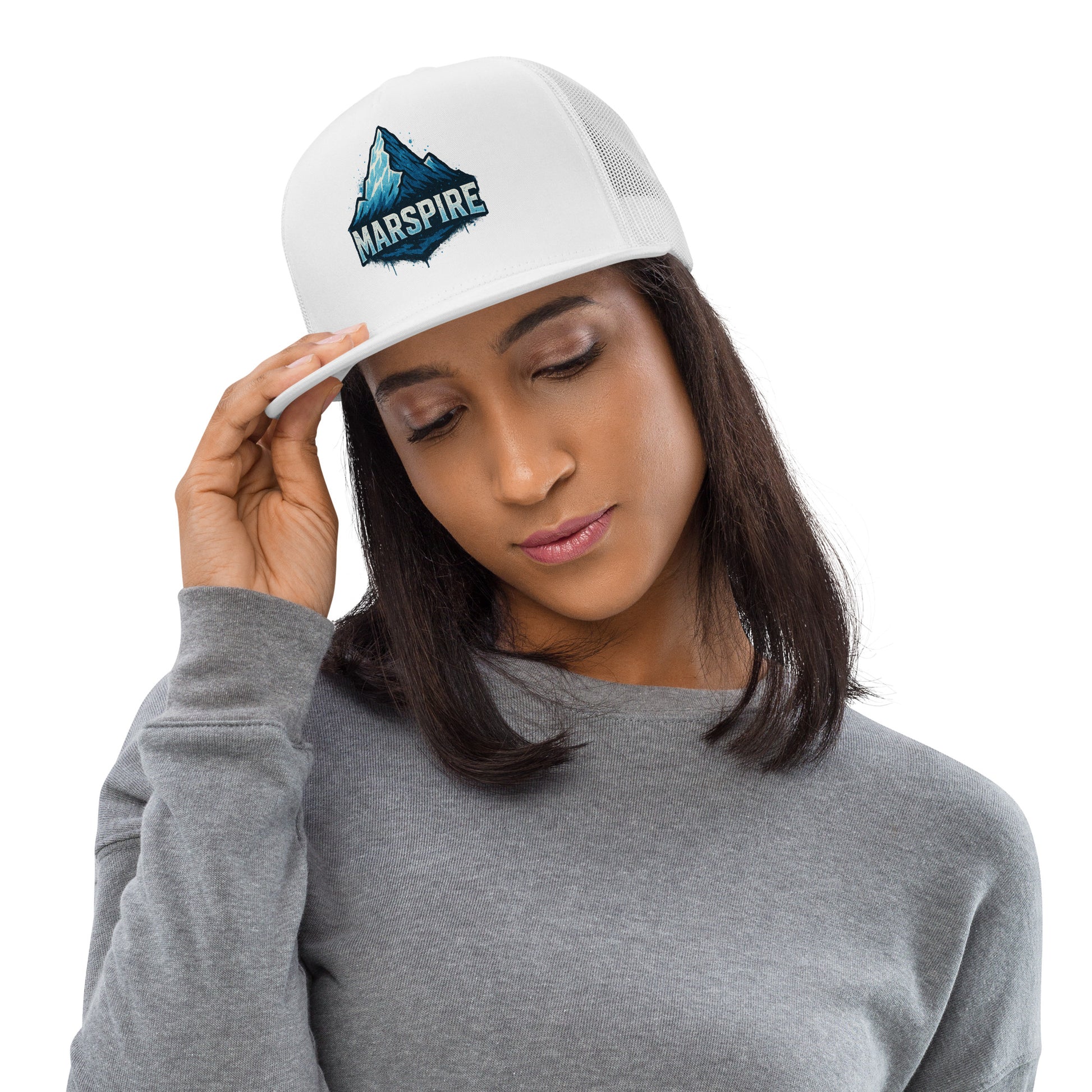 woman wearing trucker baseball caps - white