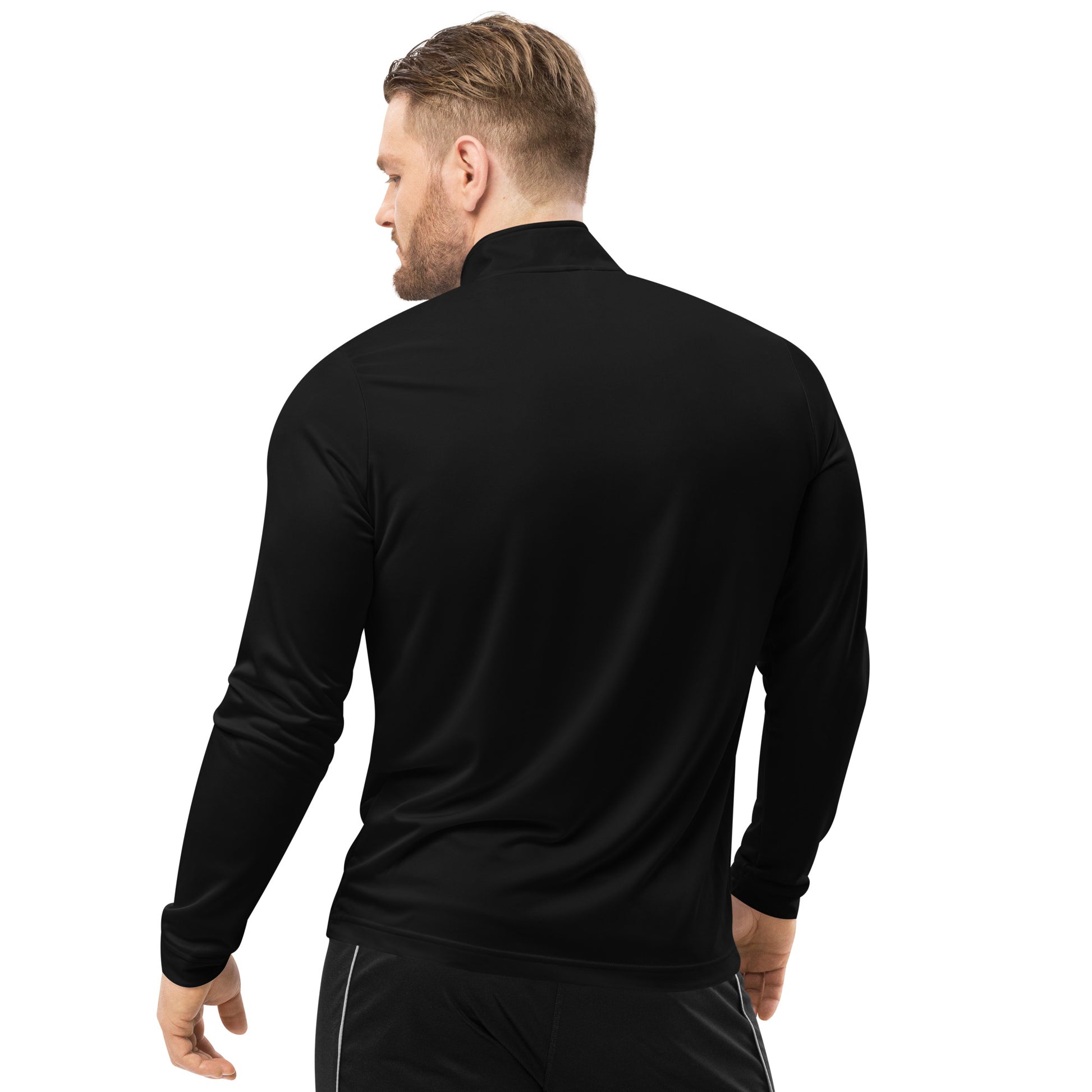 back view of black quarter zip pullover sweatshirt