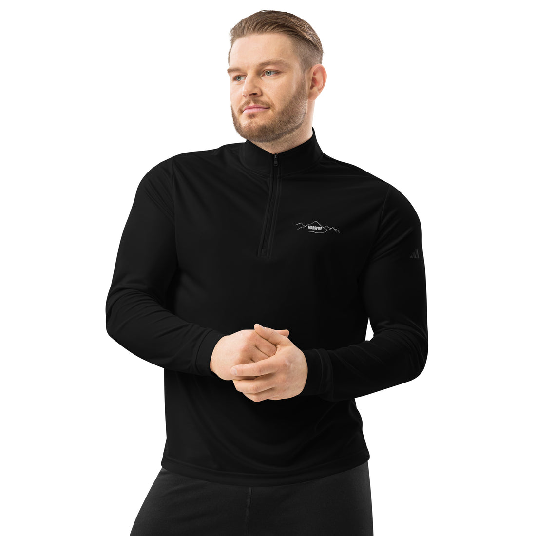 closeup of black quarter zip pullover sweatshirt
