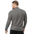 back view of black heather quarter zip pullover sweatshirt