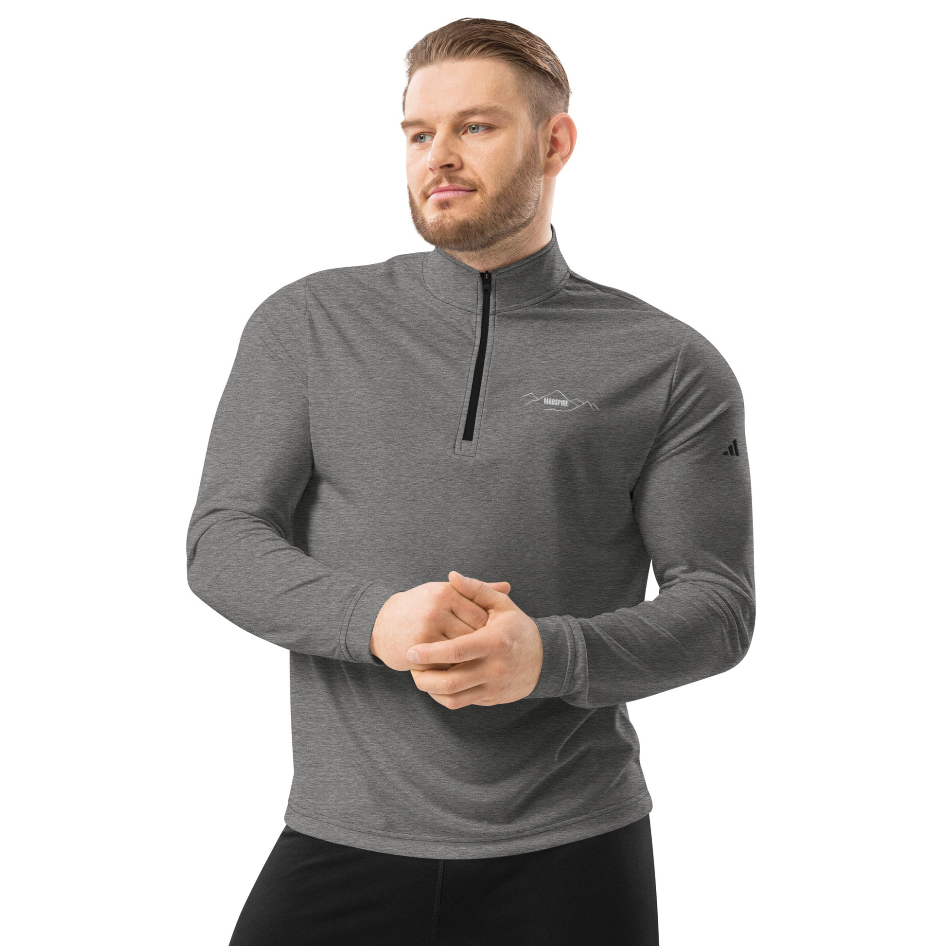 man wearing black heather quarter zip pullover sweatshirt