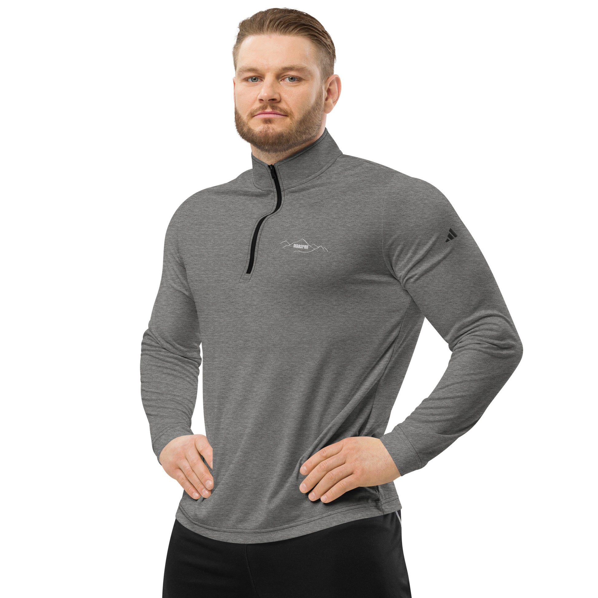 front view of black heather quarter zip pullover sweatshirt
