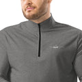 closeup of black heather quarter zip pullover sweatshirt