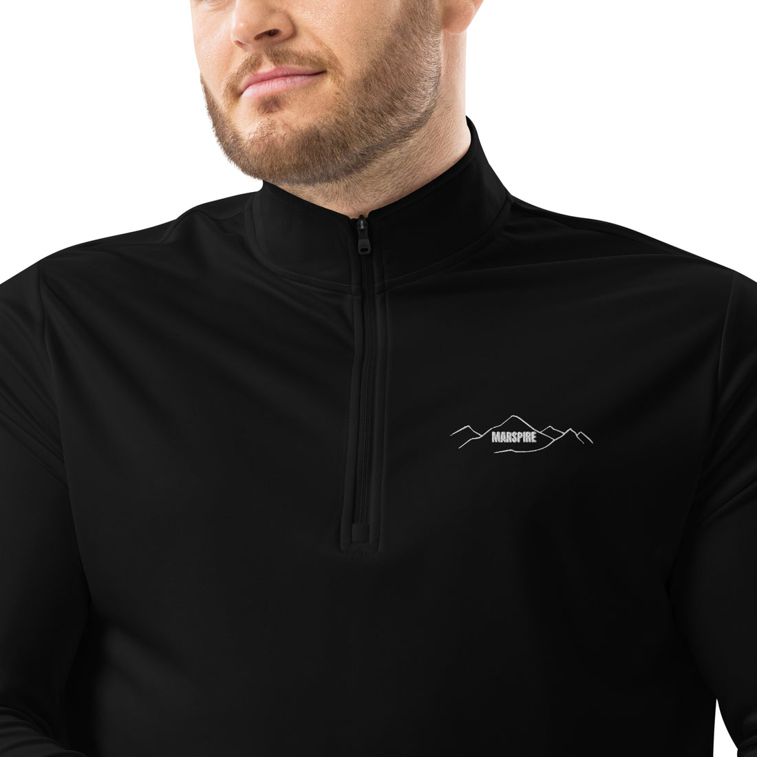 closeup of black quarter zip pullover sweatshirt