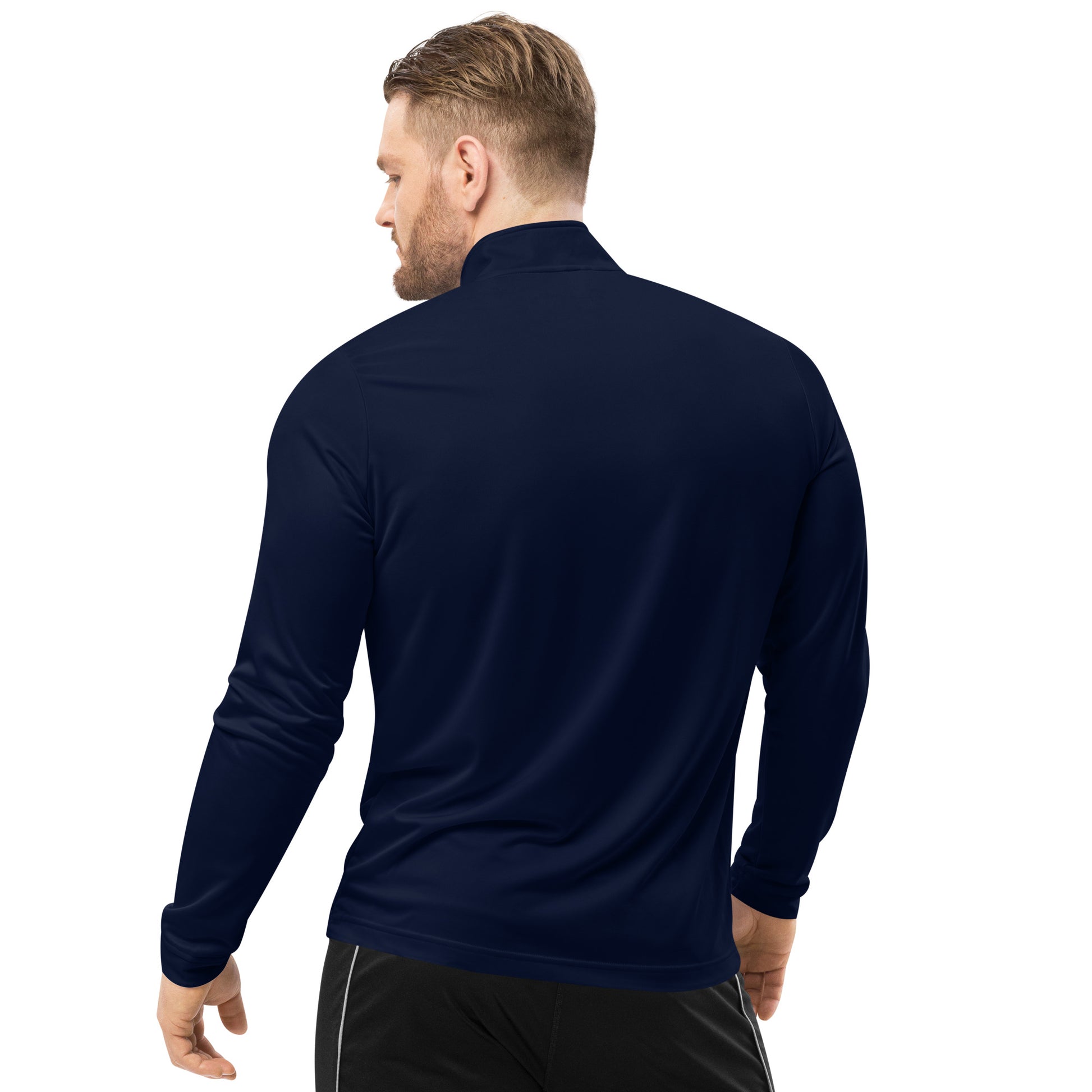 back view of collegiate navy quarter zip pullover sweatshirt