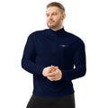 man wearing collegiate navy quarter zip pullover sweatshirt