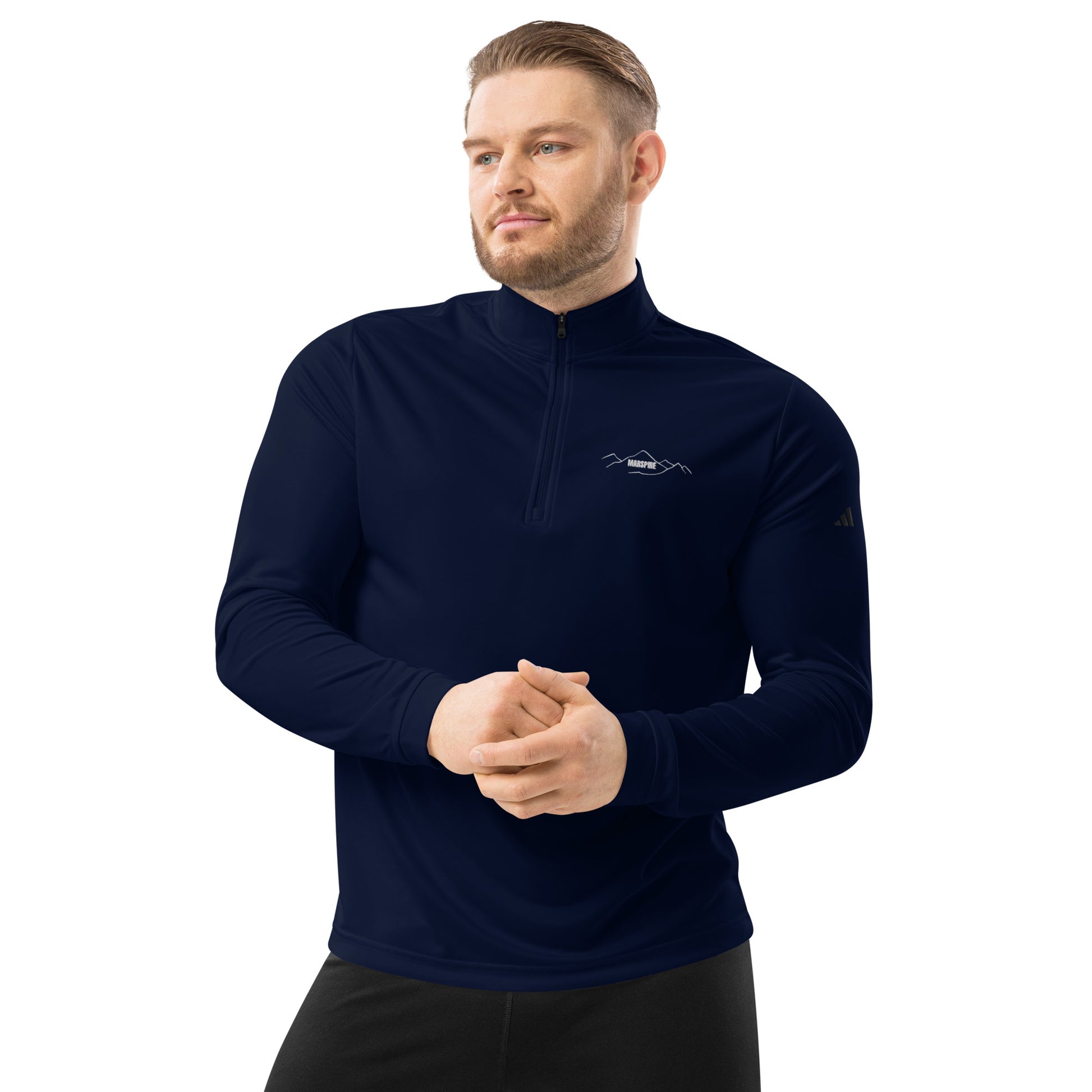 man wearing collegiate navy quarter zip pullover sweatshirt