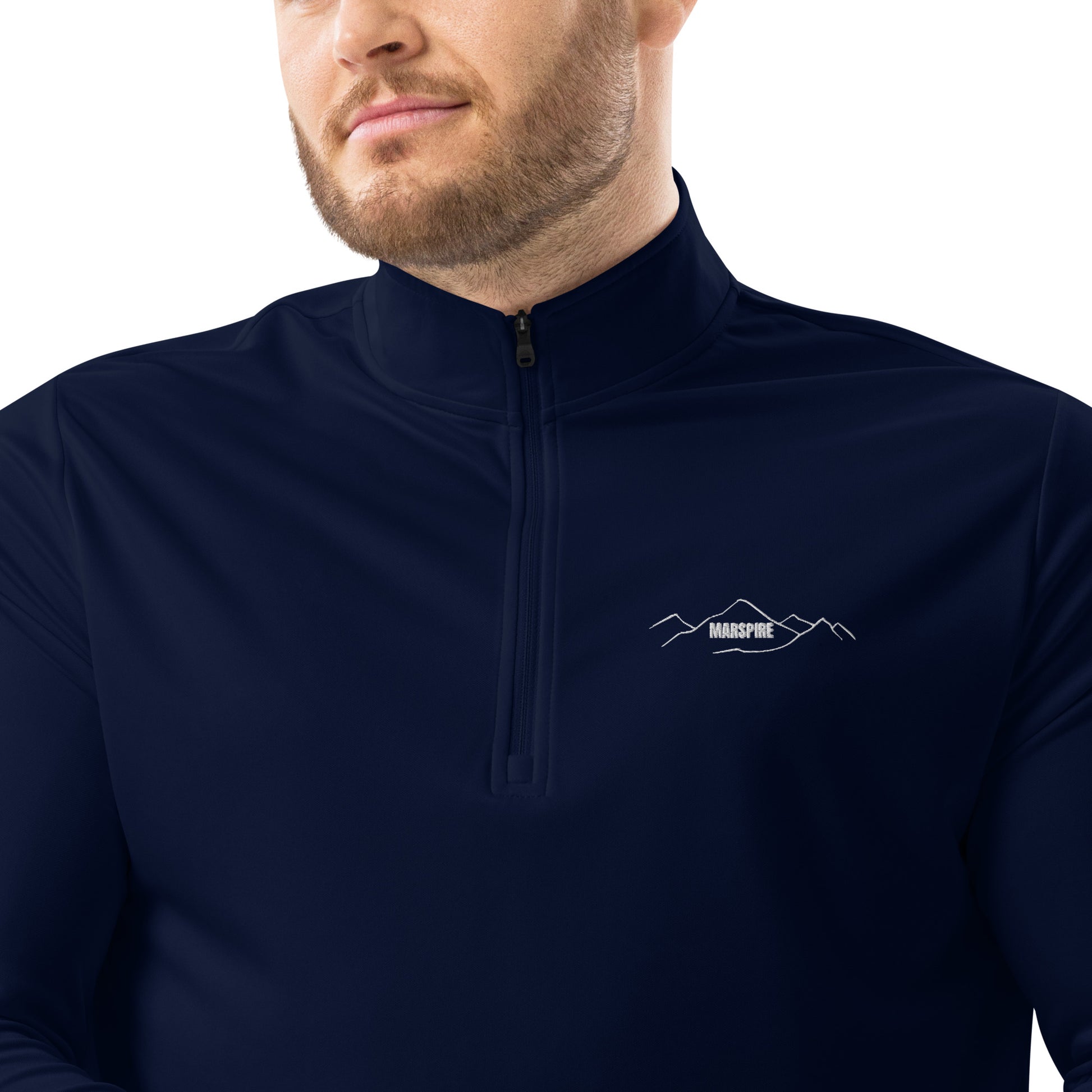 closeup of collegiate navy quarter zip pullover sweatshirt