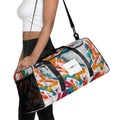 woman carrying a large duffle bag