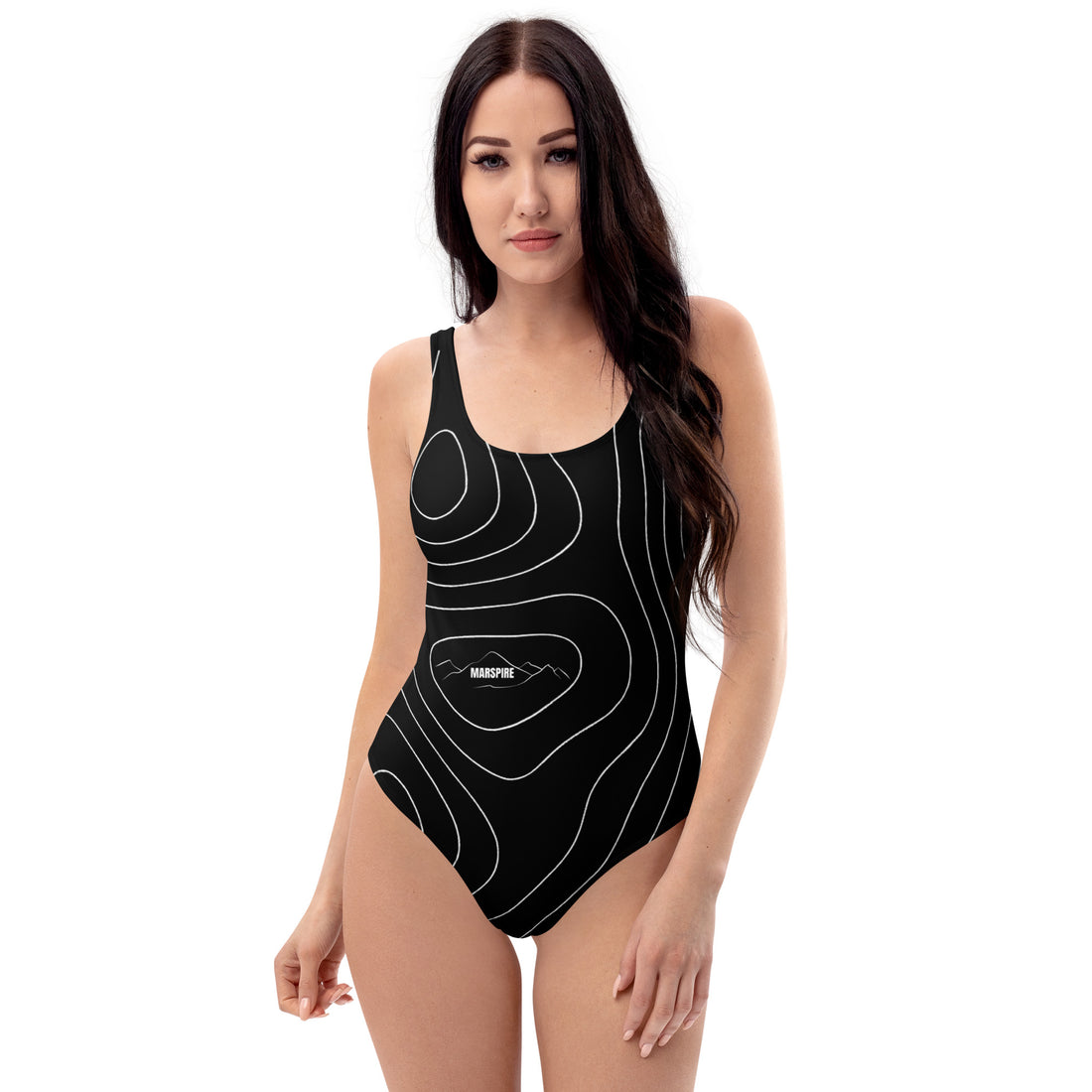 one-piece black swimsuit back view