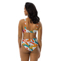 back view of woman wearing retro high-waisted bikini