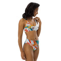 right view of woman wearing retro high-waisted bikini