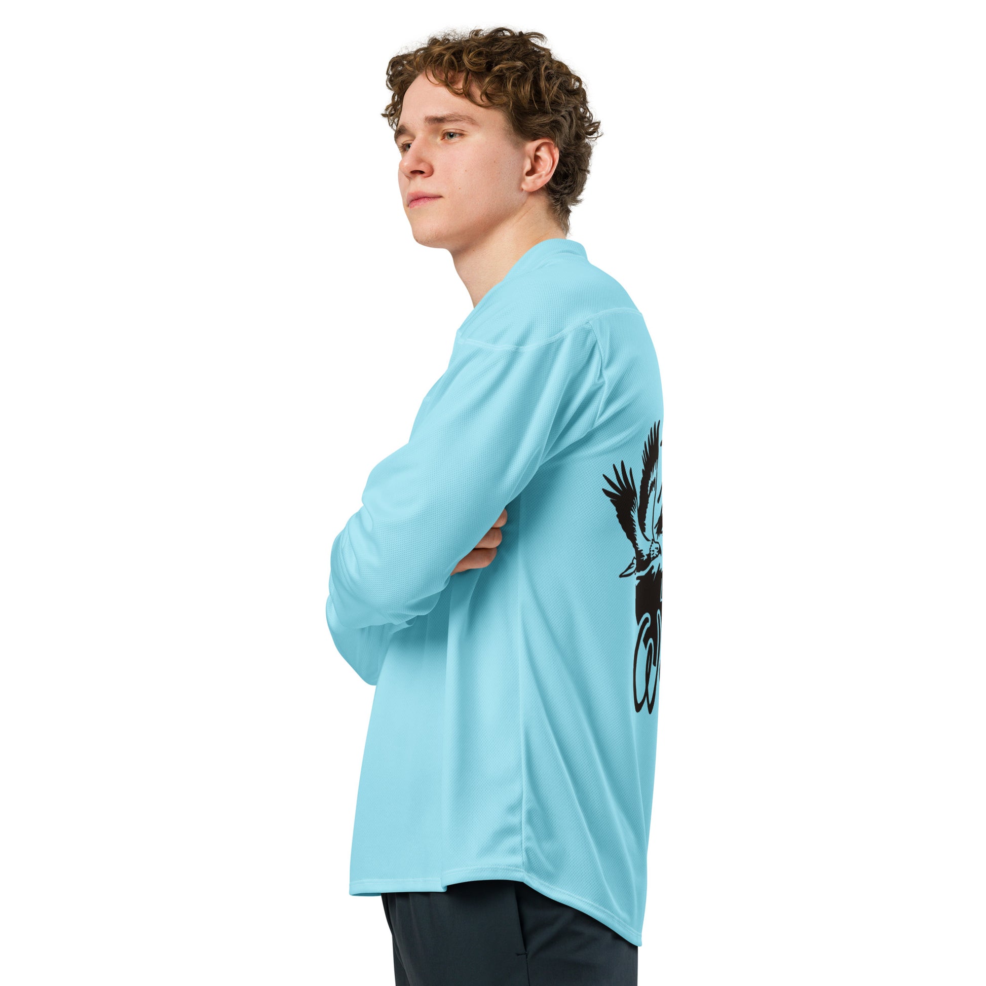 side view of person wearing hockey jersey