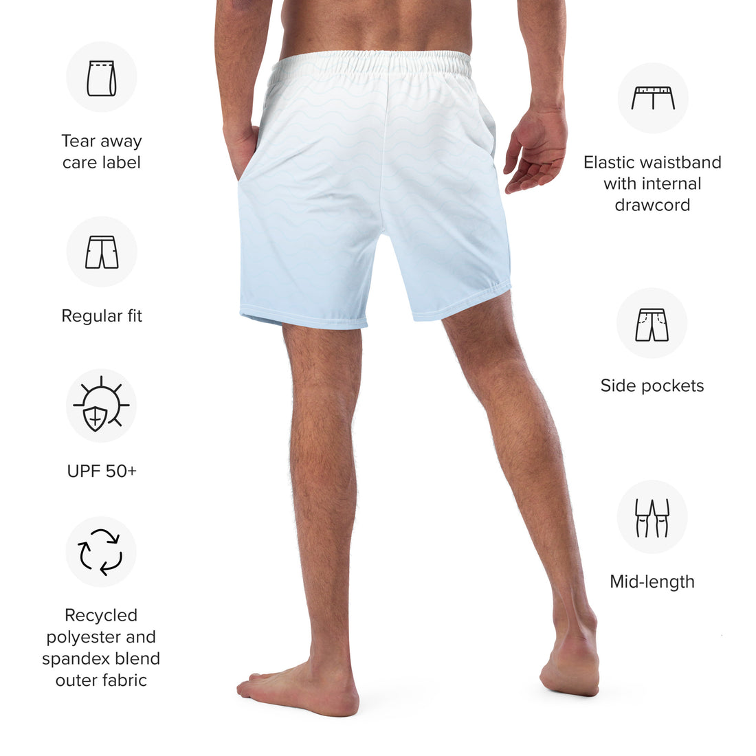 back view of mens white swim trunks