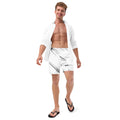 person wearing shirt and mens short swim trunks