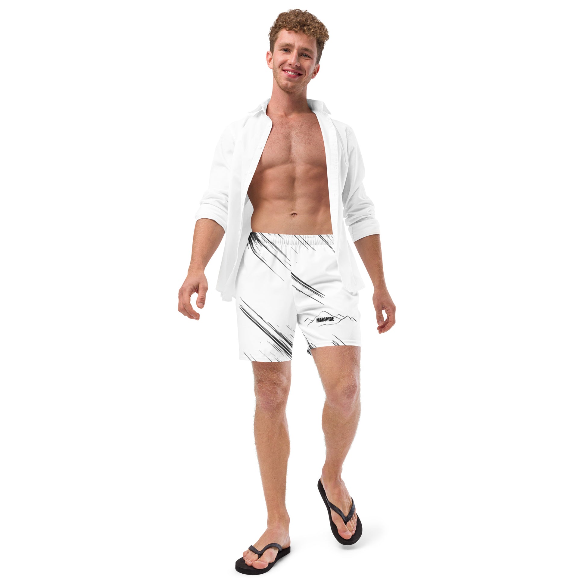 person wearing shirt and mens short swim trunks