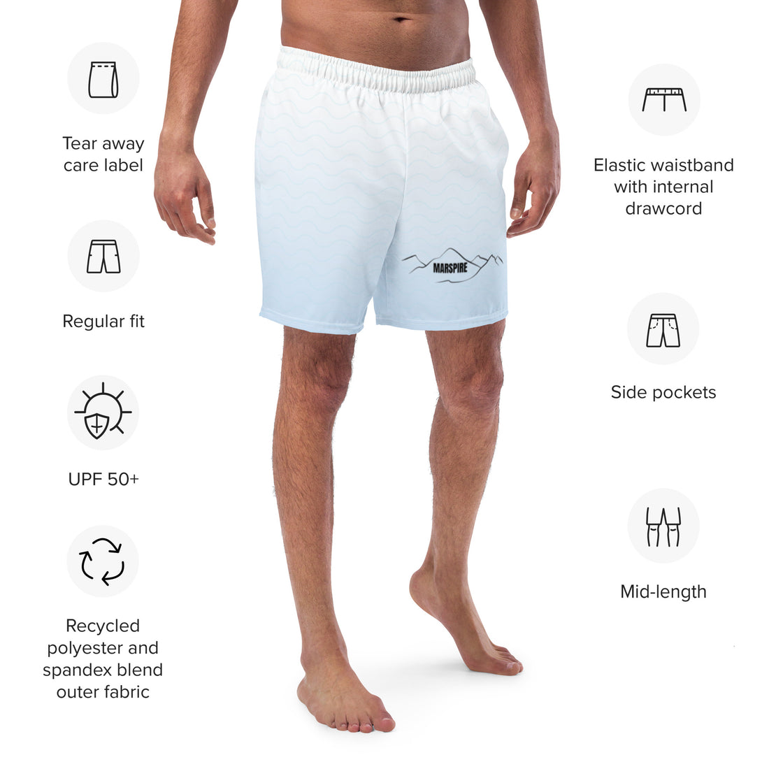 back view of mens white swim trunks