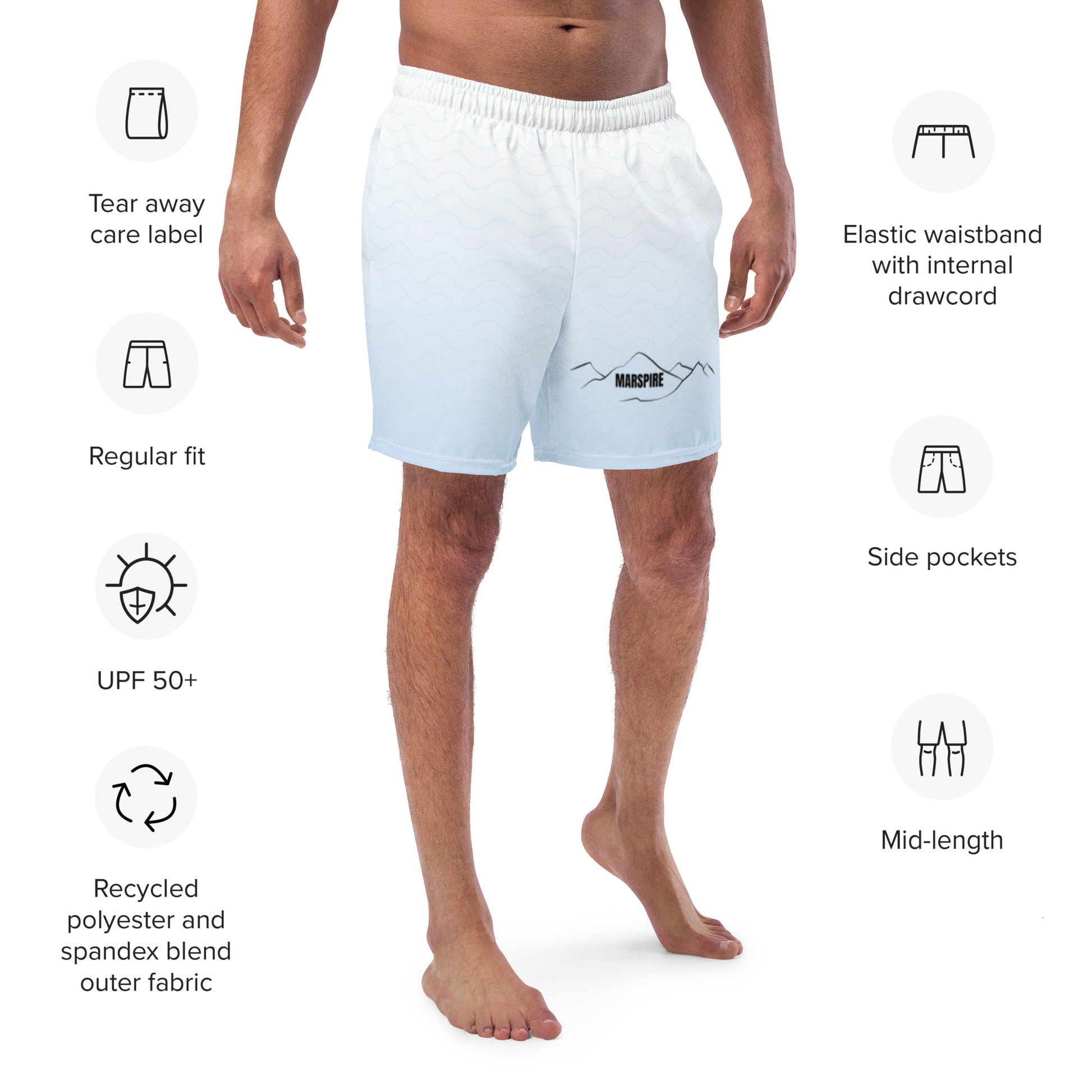 front view of mens white swim trunks