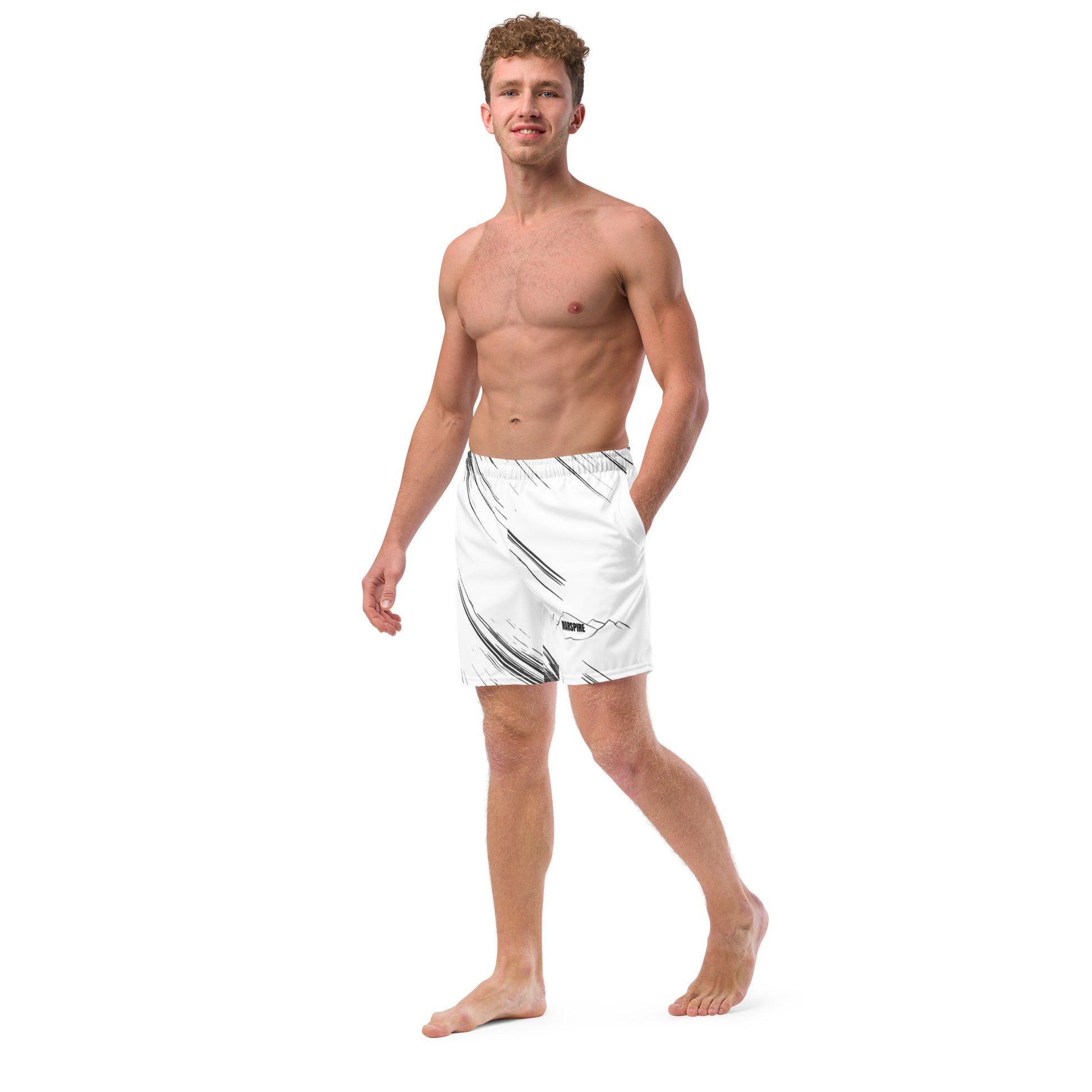 left view of mens short swim trunks