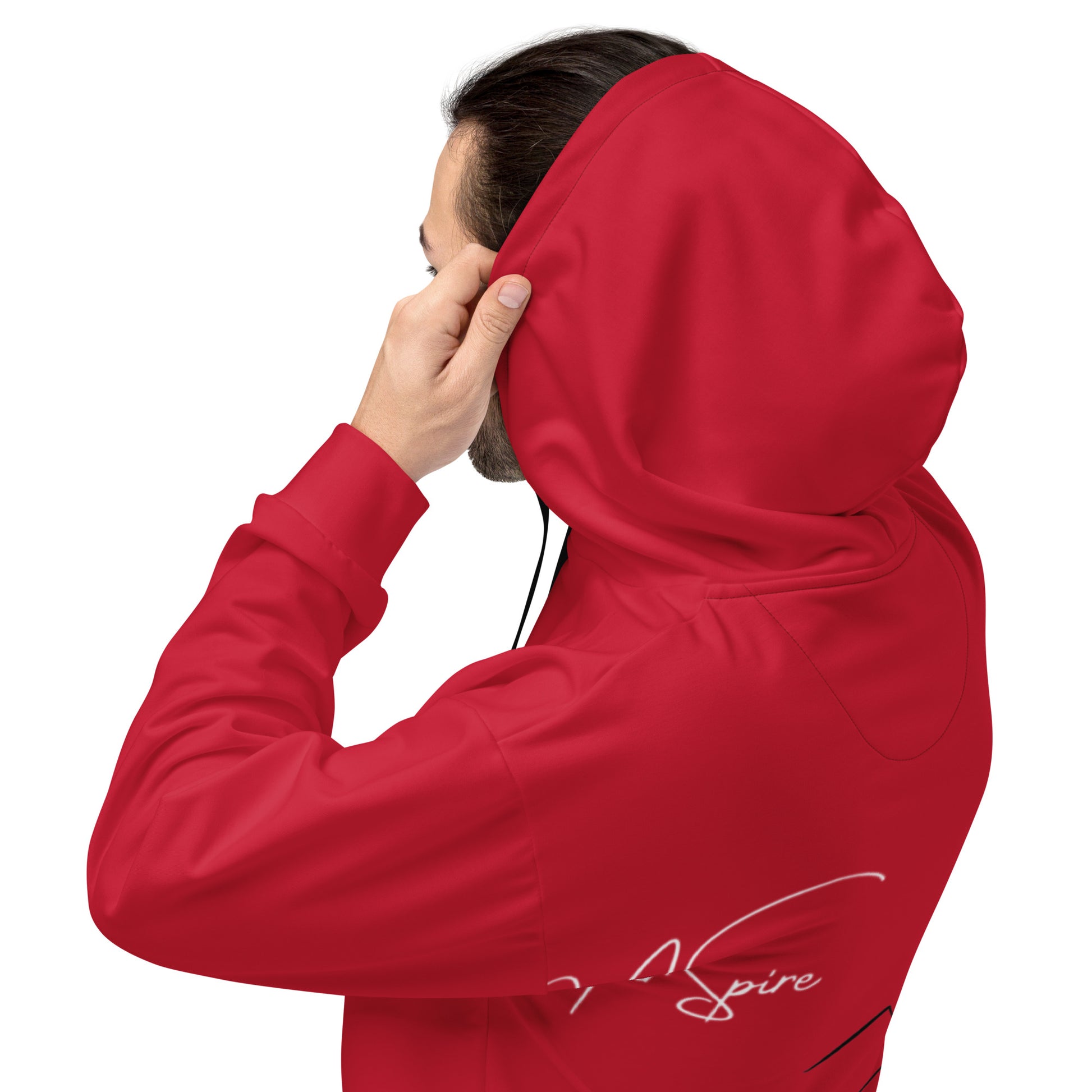man wearing red popover hoodie closeup