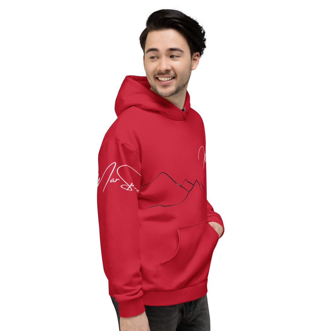 man wearing red popover hoodie - side