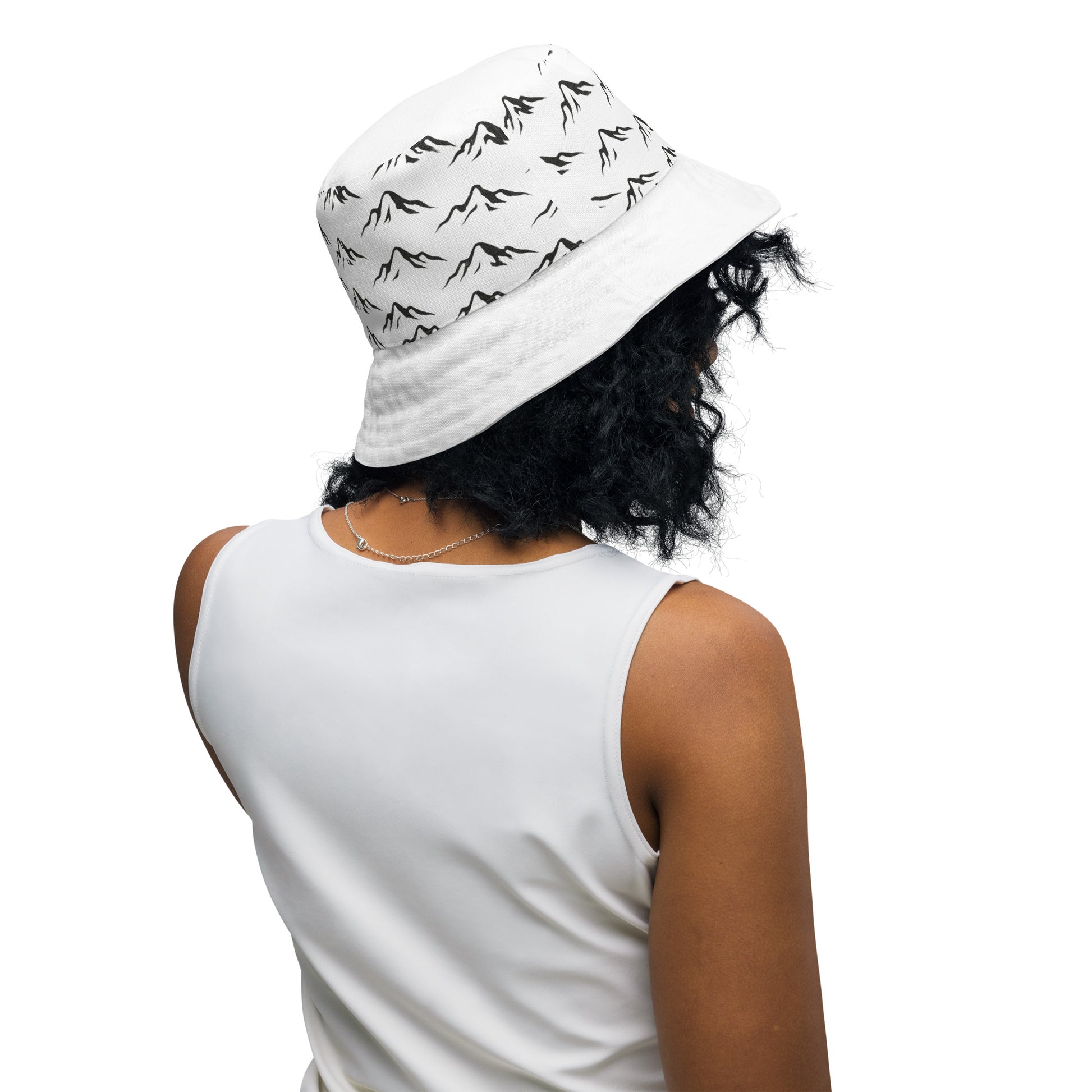 woman wearing custom designed reversible bucket hat - back