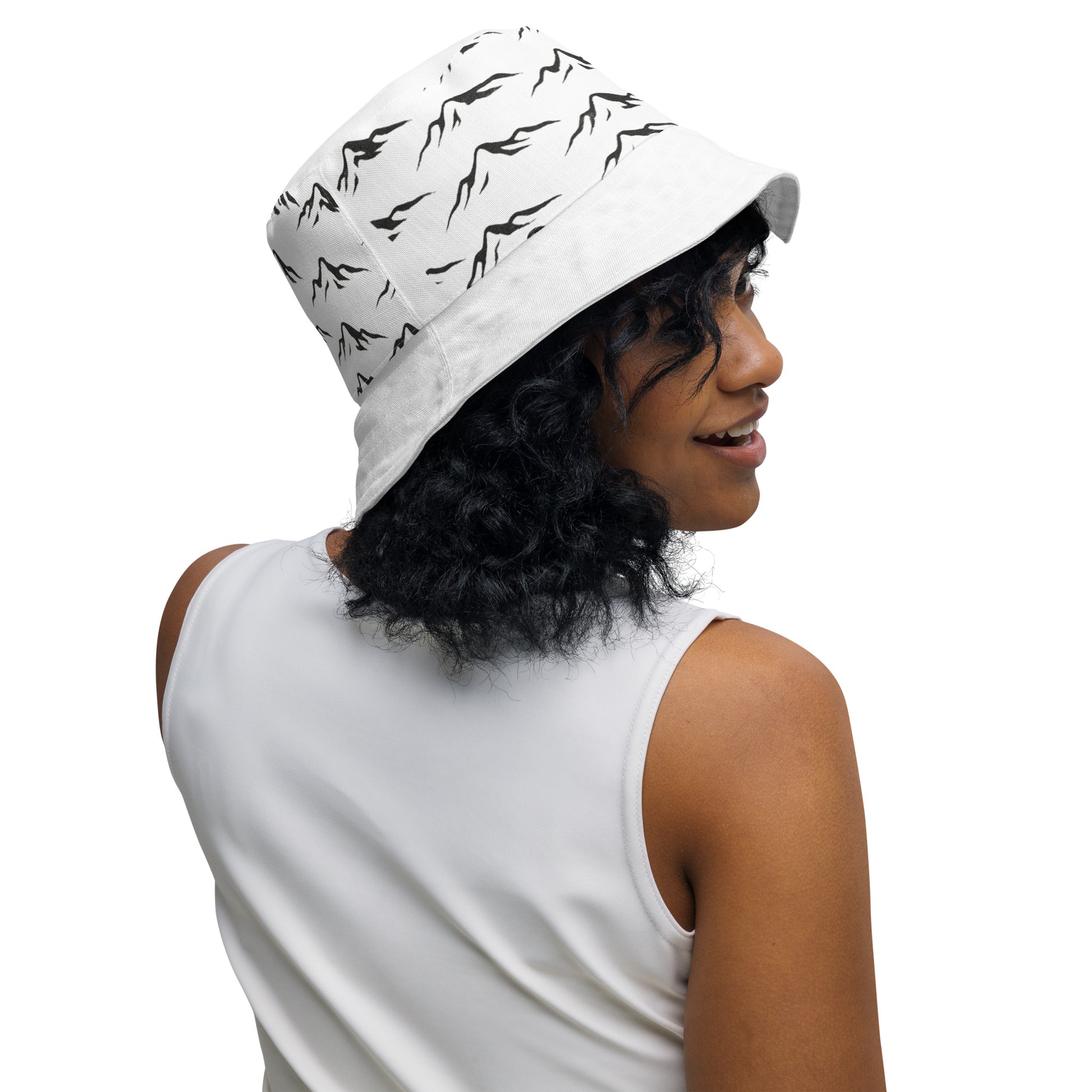 woman wearing custom designed reversible bucket hat - back