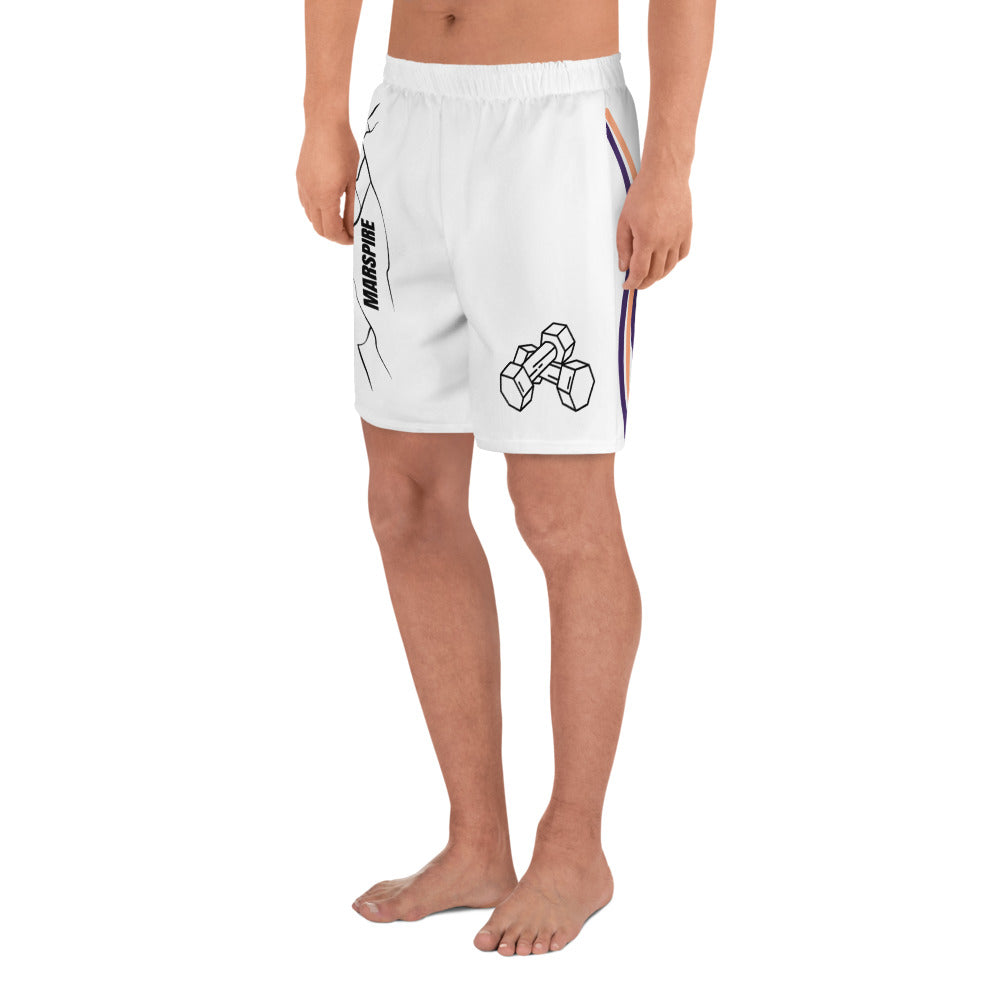 left view of person wearing long athletic shorts