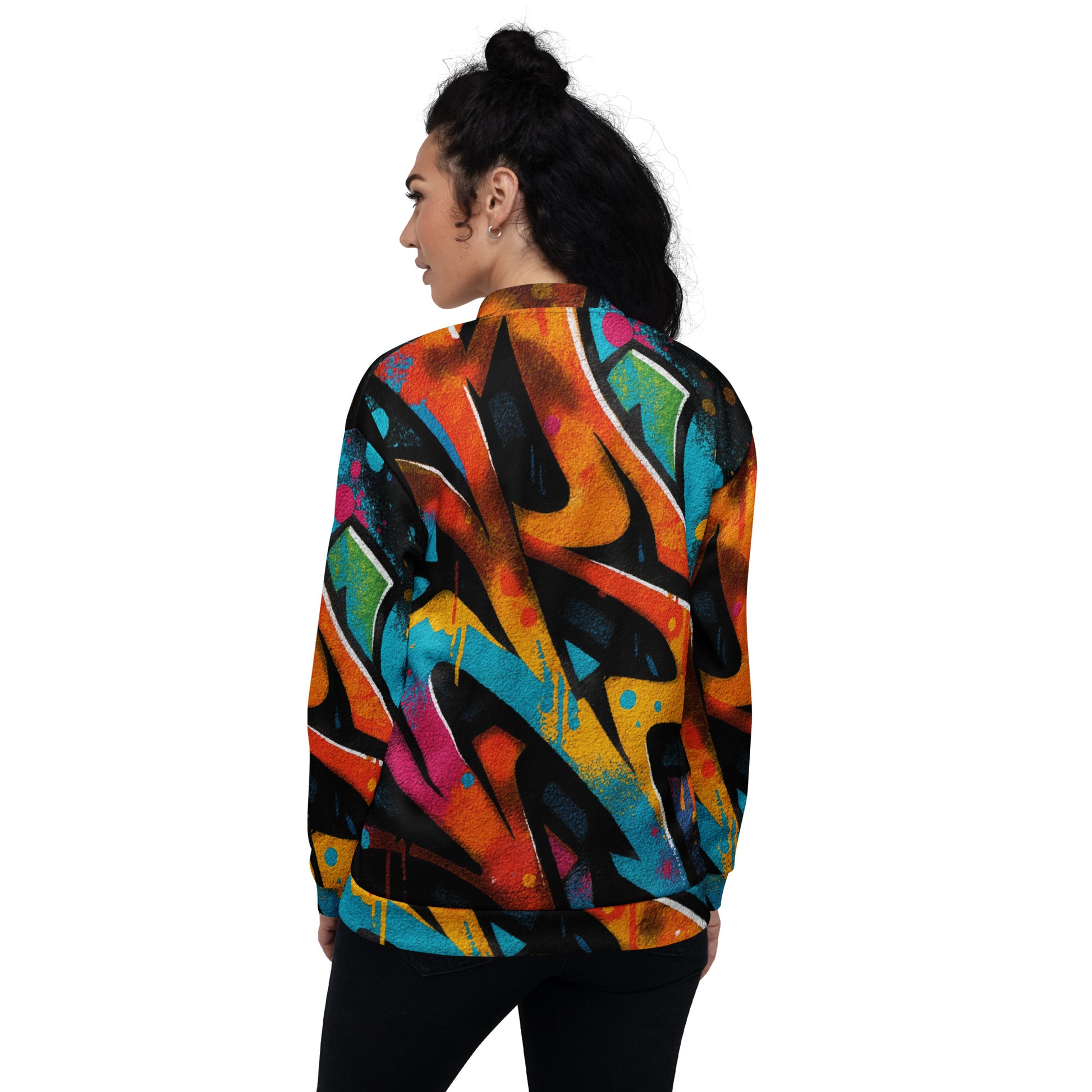 back view of black bomber jacket