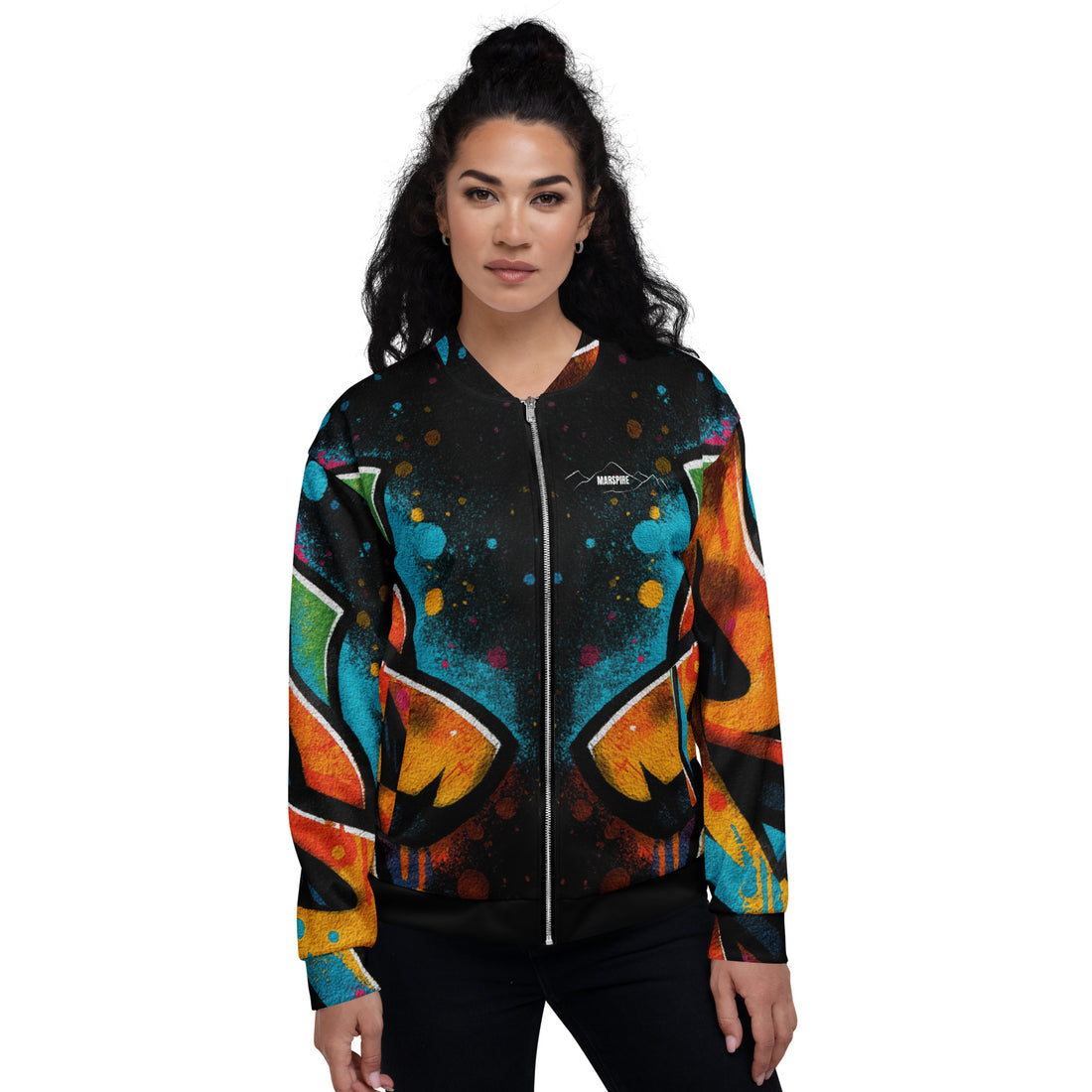 person wearing black bomber jacket