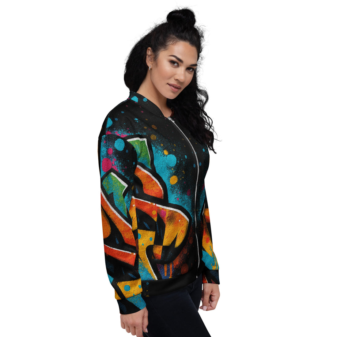 person wearing black bomber jacket