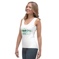 woman smiling in white tank top