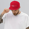 person wearing red vintage snapback hat