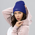 person wearing royal beanie hat
