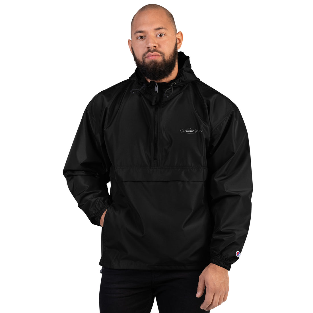 closeup of black champion packable jacket