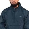 closeup of navy champion packable jacket