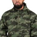 closeup of olive green camo champion packable jacket