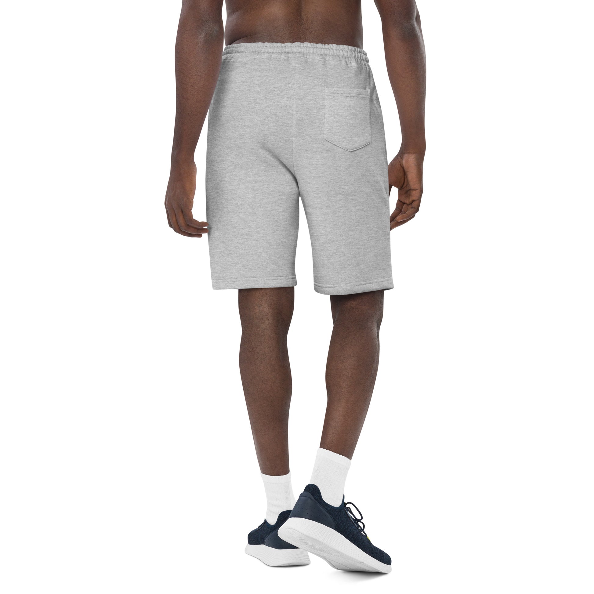 back view of heather grey mens fleece shorts