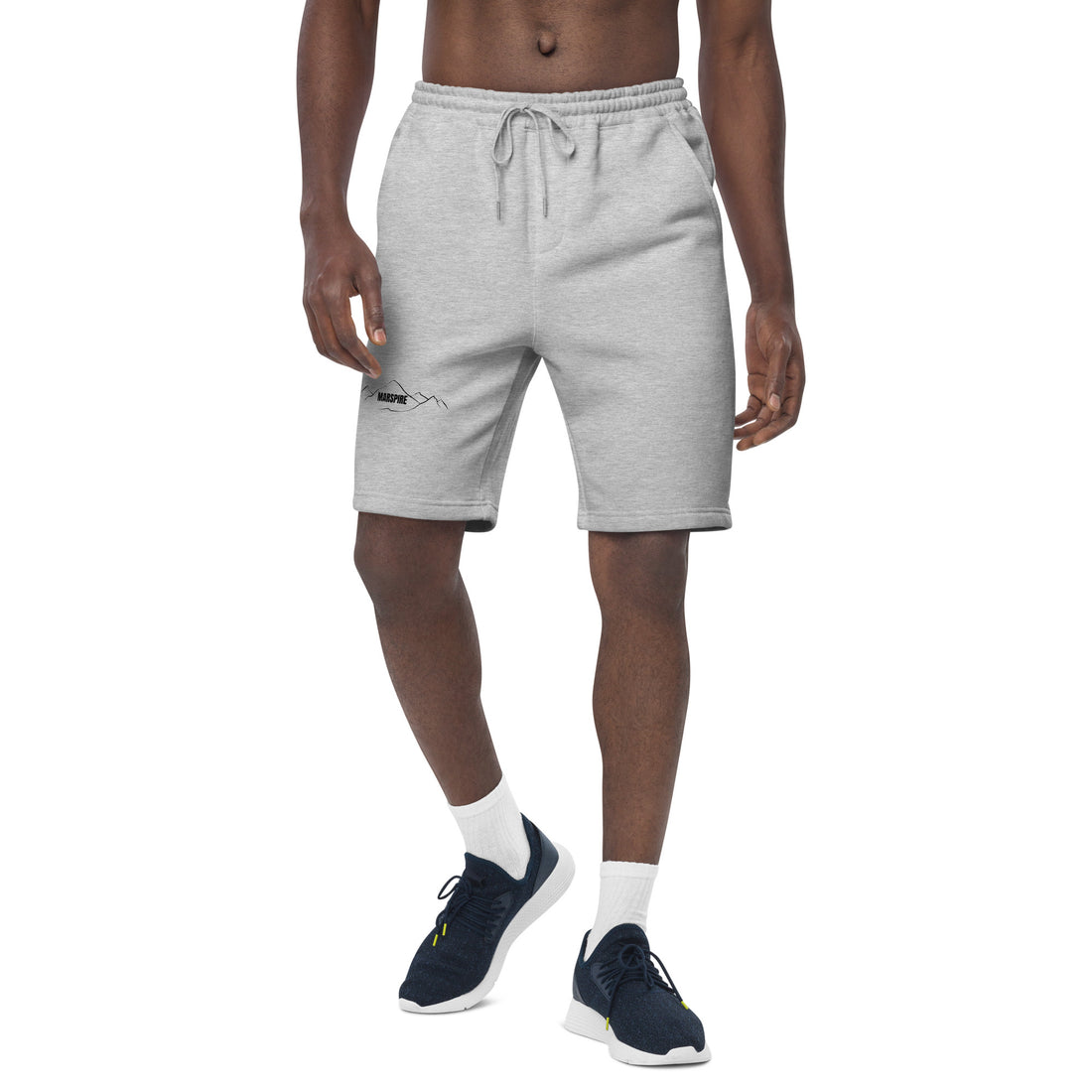 right-side back view of heather grey mens fleece shorts