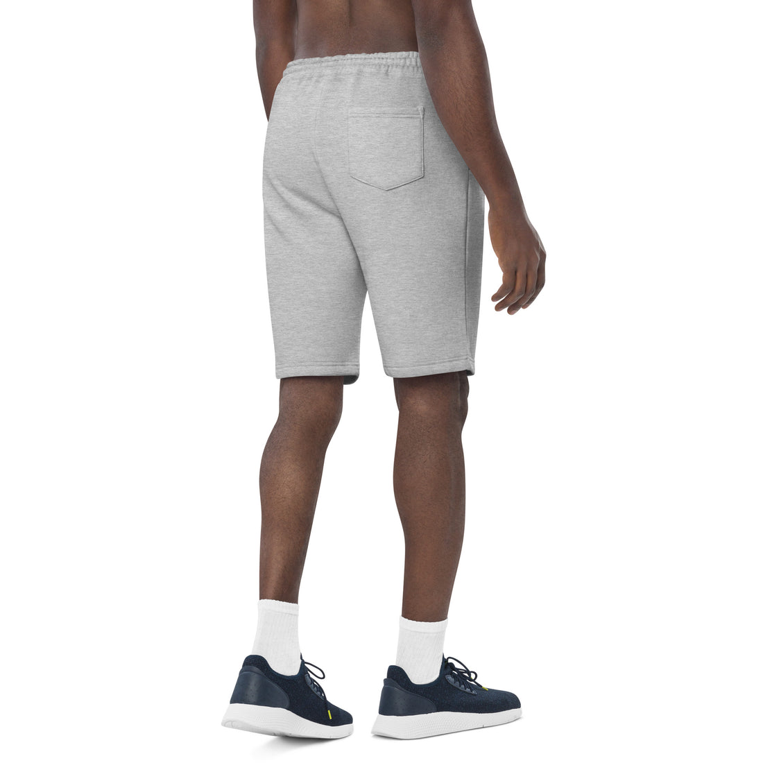 right-side back view of heather grey mens fleece shorts