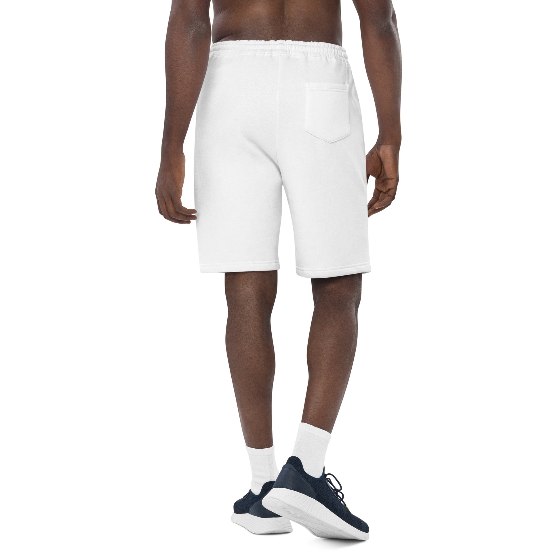 back view of white mens fleece shorts