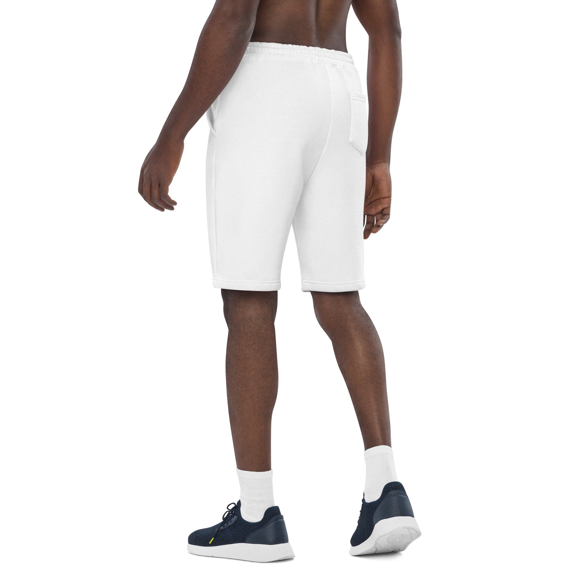 left-side back view of white mens fleece shorts
