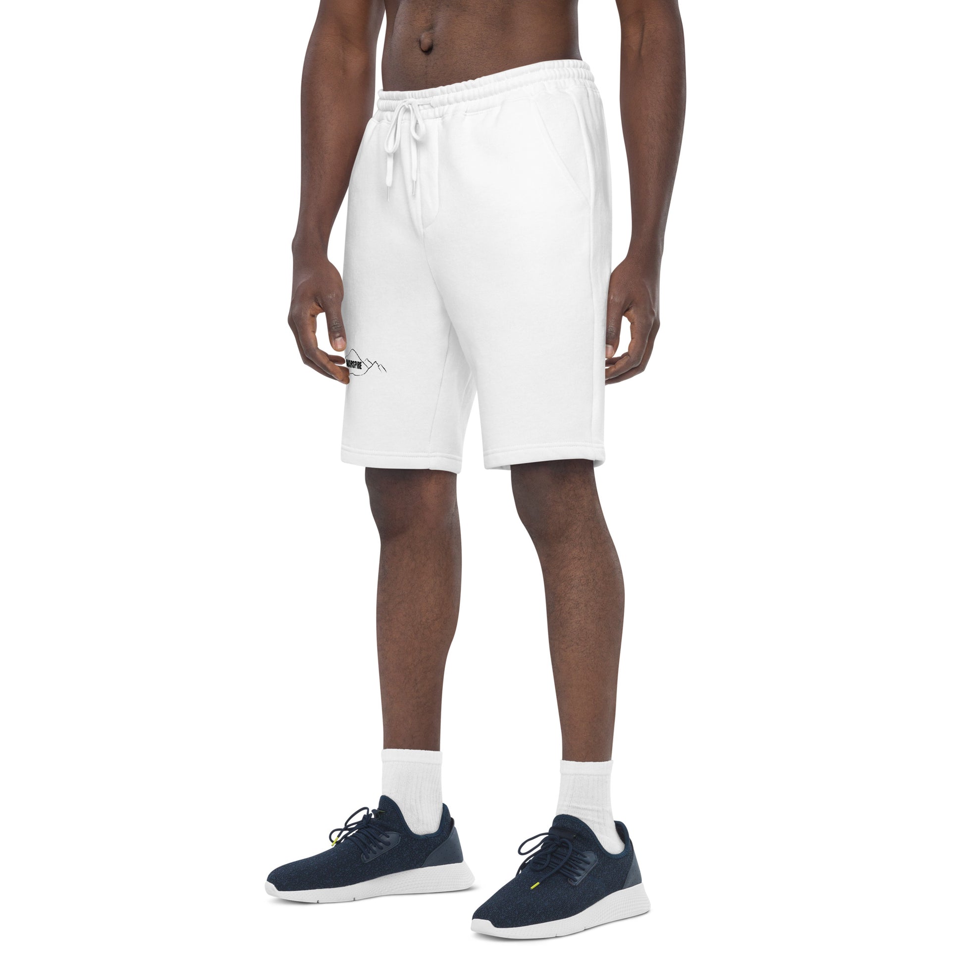 left view of white mens fleece shorts