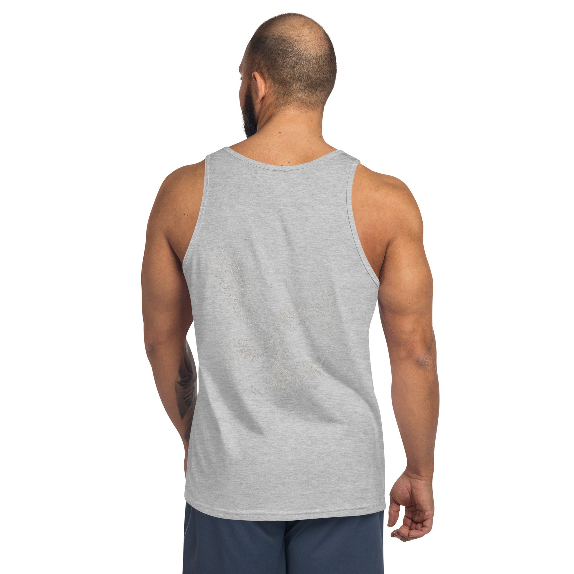 closeup back view of men's tank top - grey